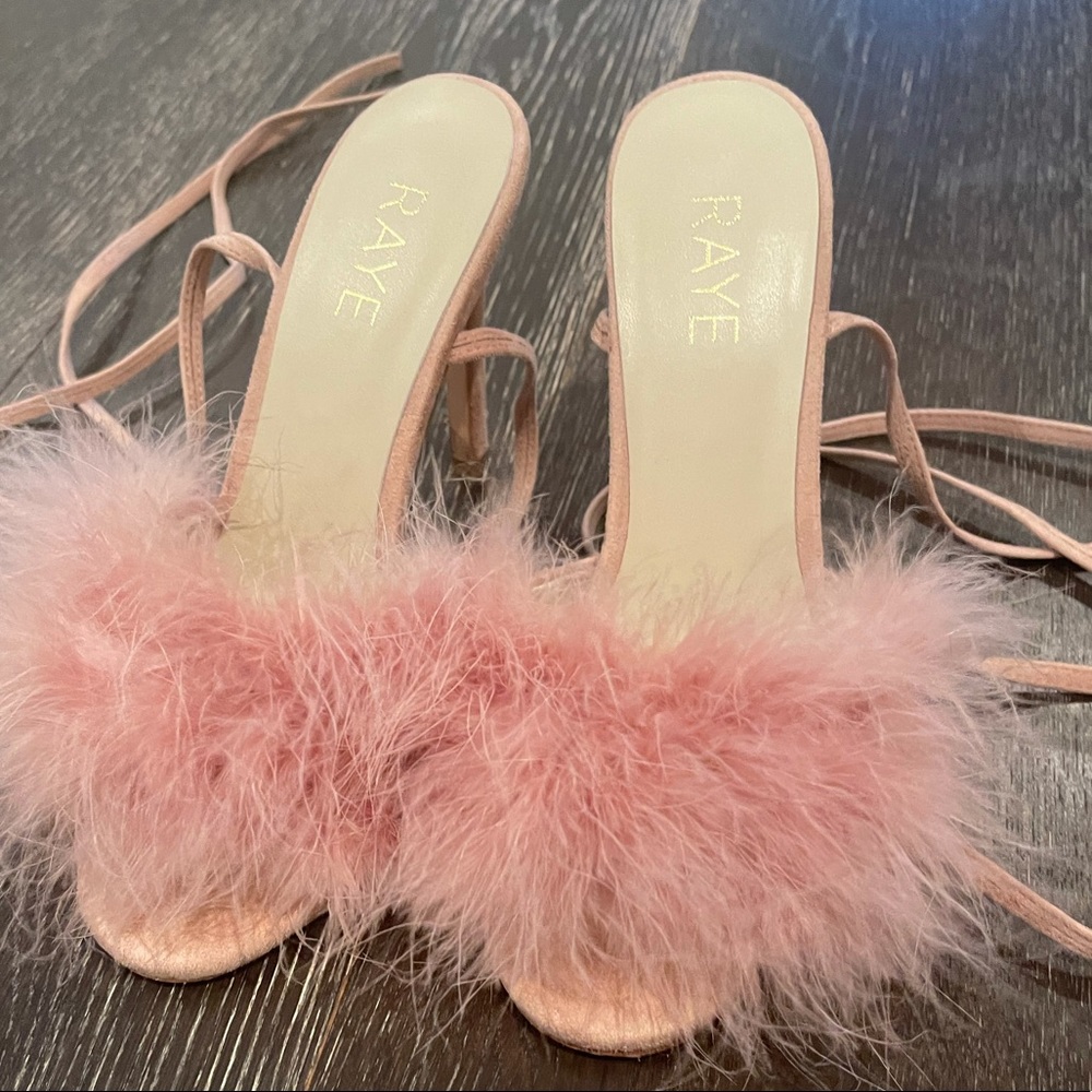 Pink lace up heels with fluffy toe straps